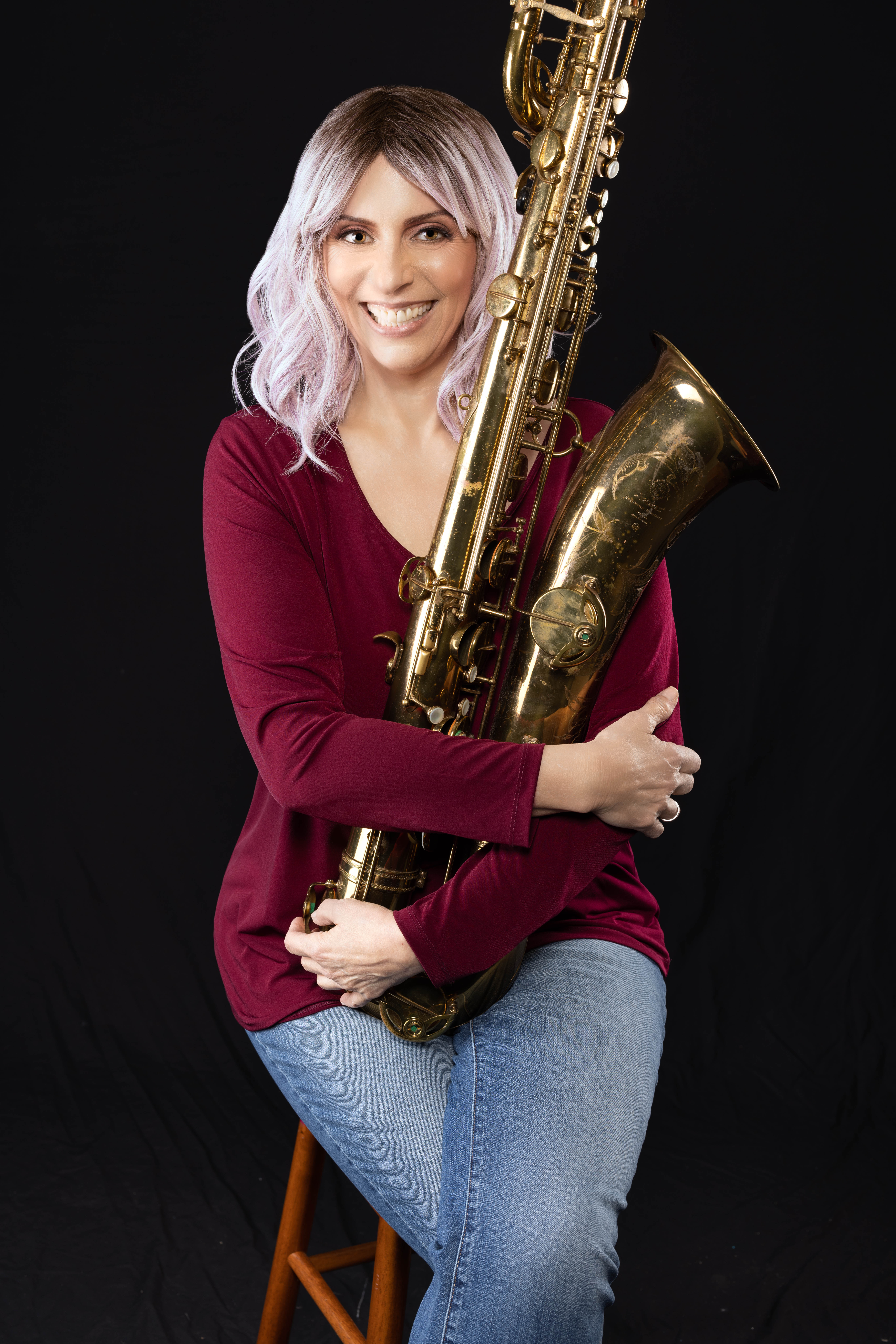 Leigh Pilzer with baritone saxophone
